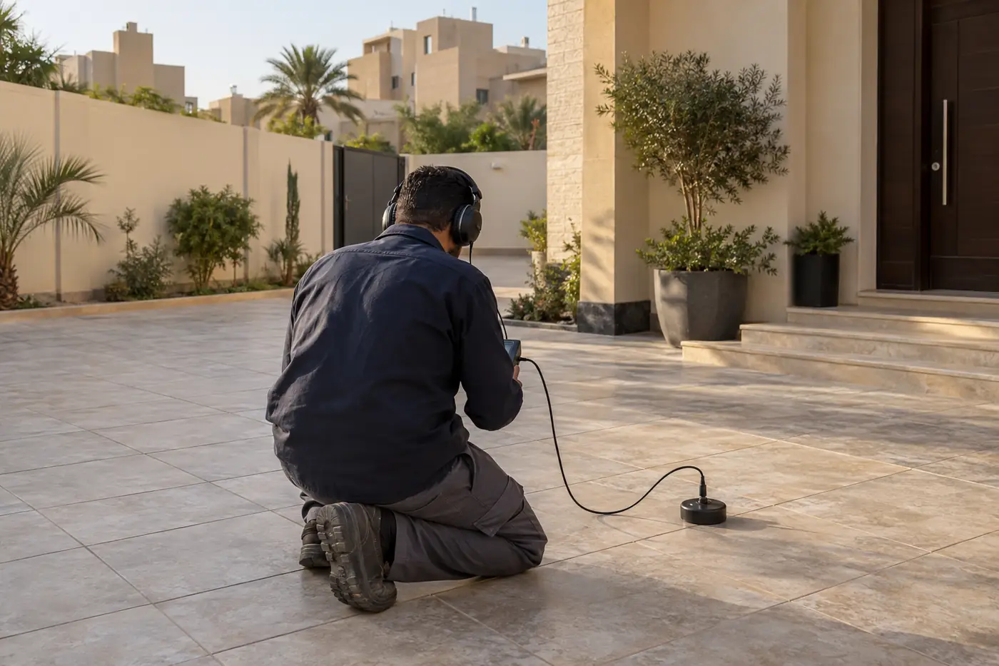 طريقة كشف تسربات المياه بالاستماع: فني يستمع بسماعات إلى ميكروفون أرضي فوق بلاط حوش فيلا